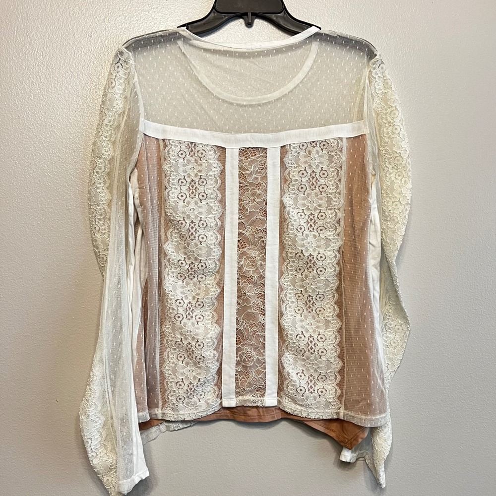 BCBGMAXAZRIA Addyson Lace Mesh Long Sleeve Top Off White Size M UEX1U069-101 - Picture 3 of 7